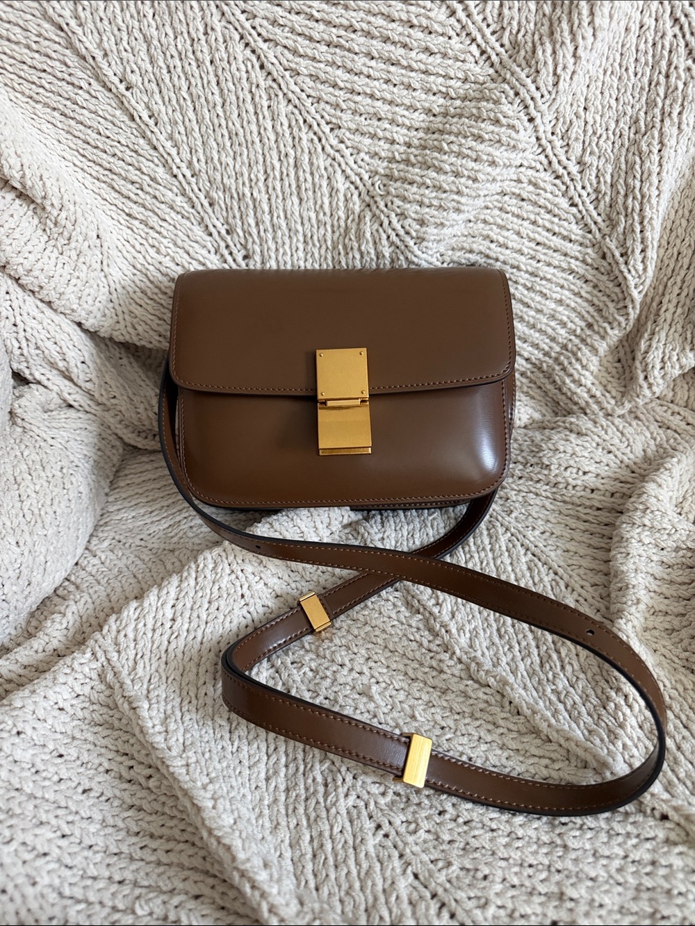 Structured Brown Leather Crossbody with Gold Lock